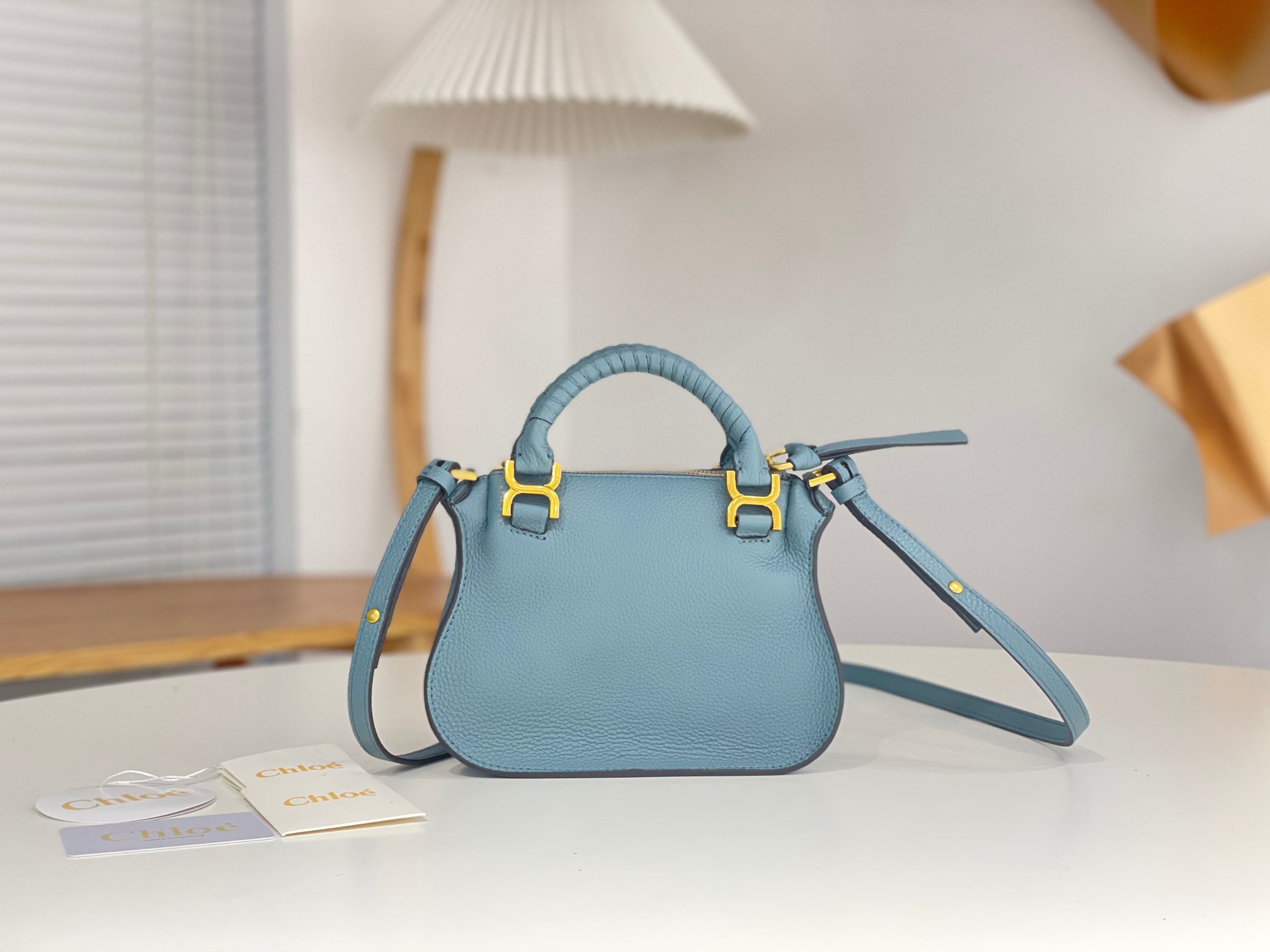 Chloe Mini Marcie Bag In Light Blue Grained Leather